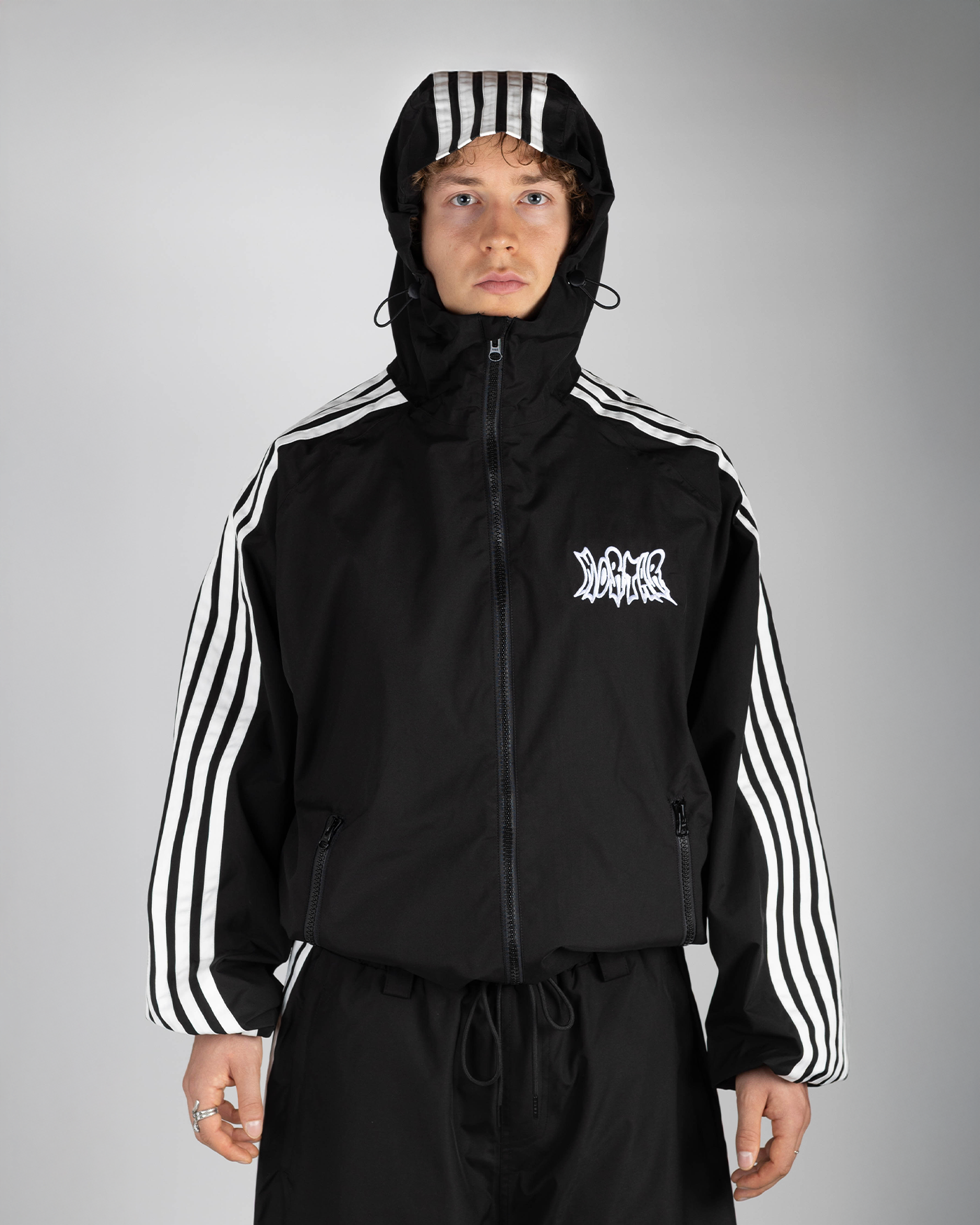 Black stripe snow jacket hooded front view on model