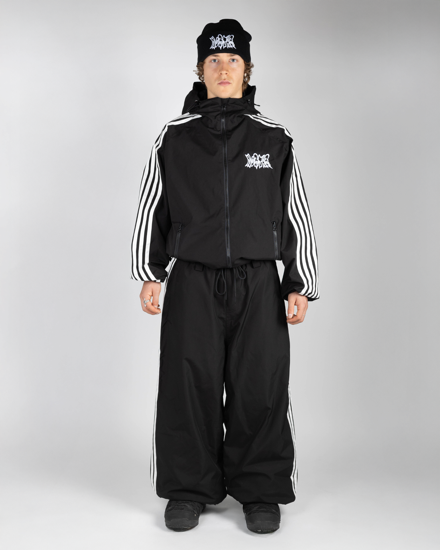 Black stripe snow jacket full front view on a man