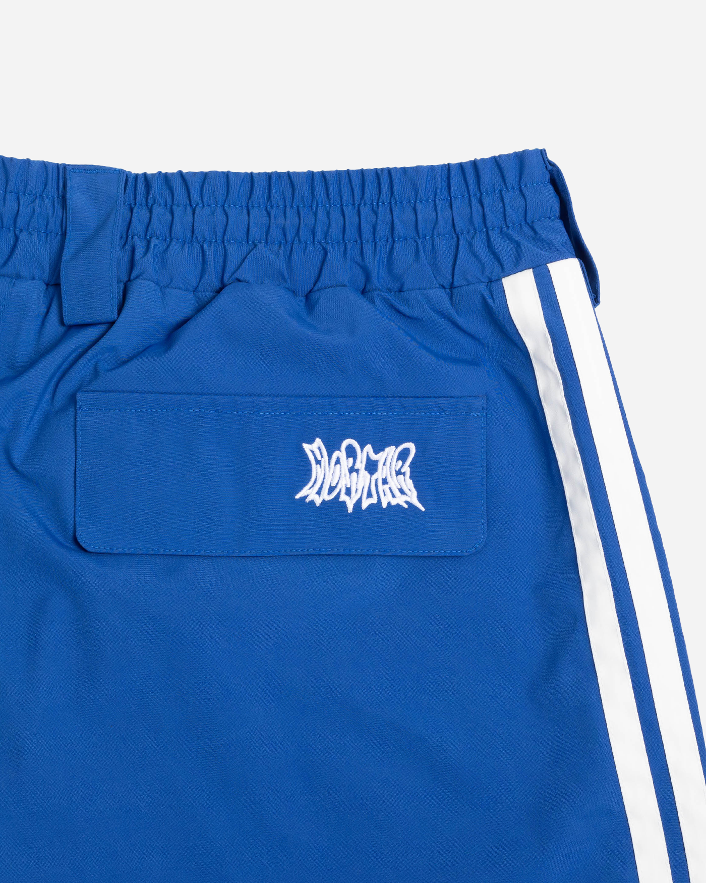 Blue stripe baggy snowpants back pocket detail