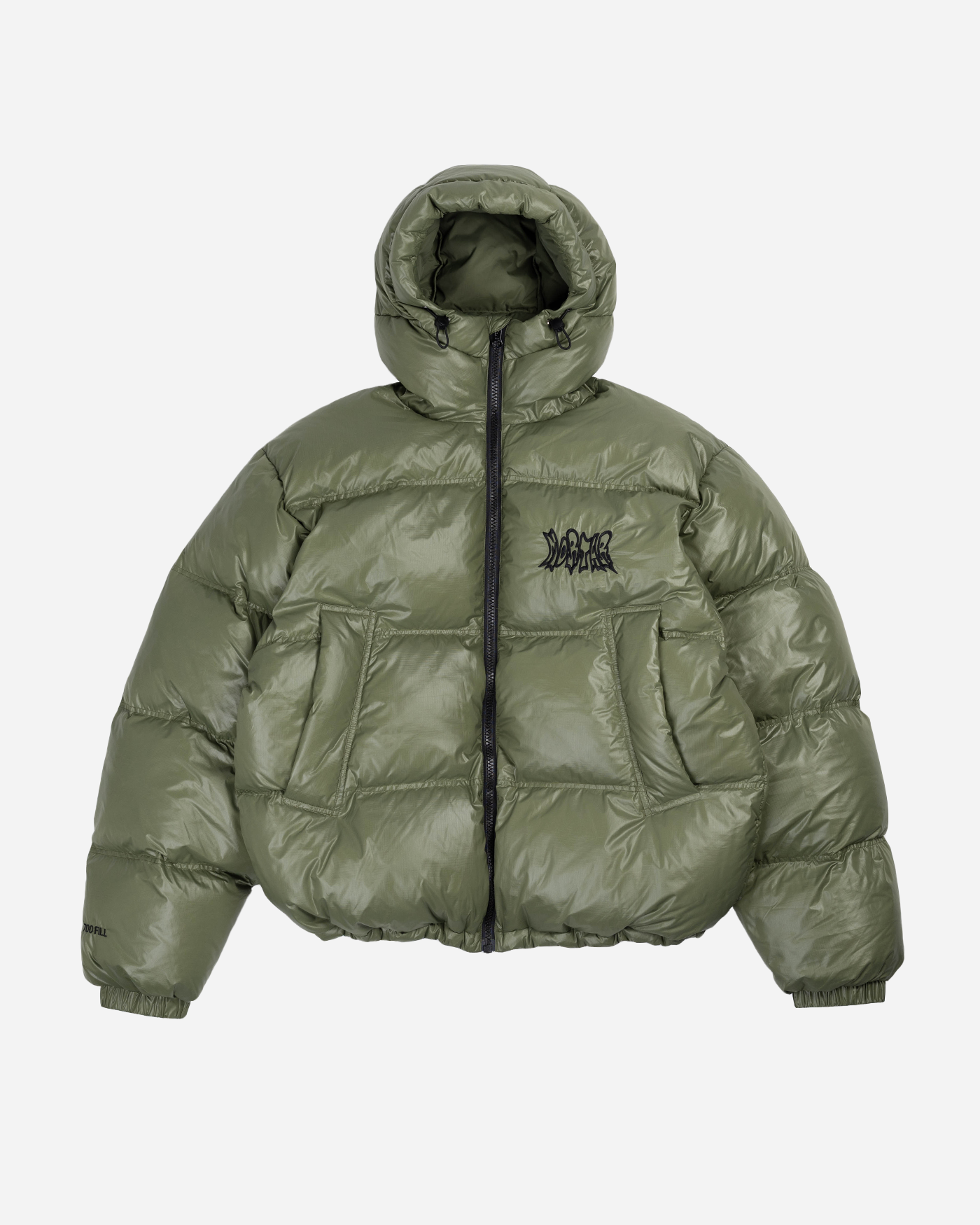 Green puffer jacket front view
