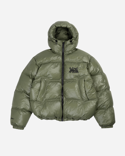 Green puffer jacket front view