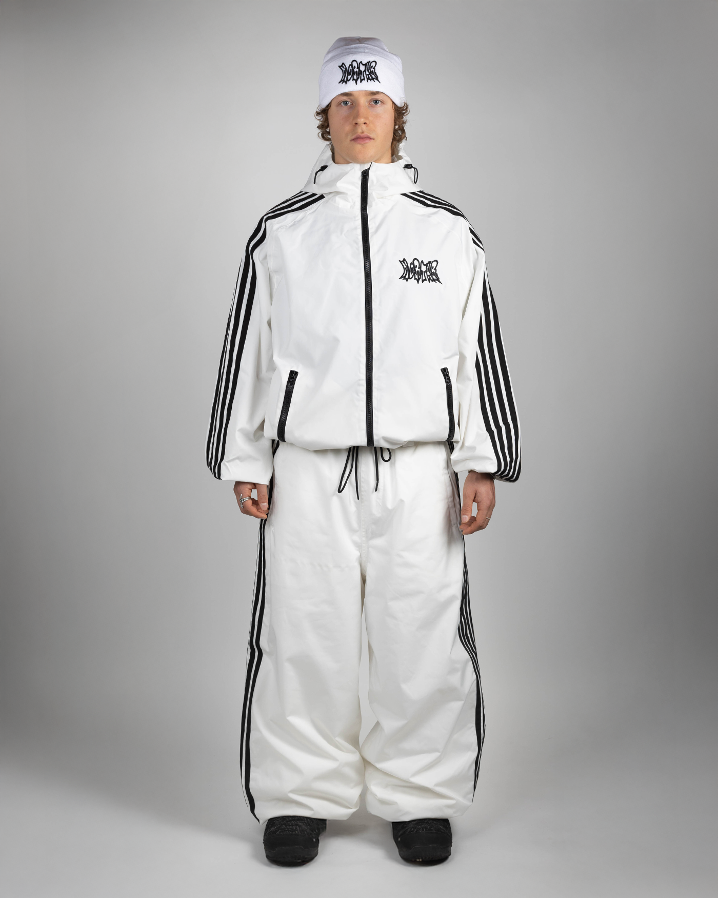 White stripe snow jacket full front view on a man