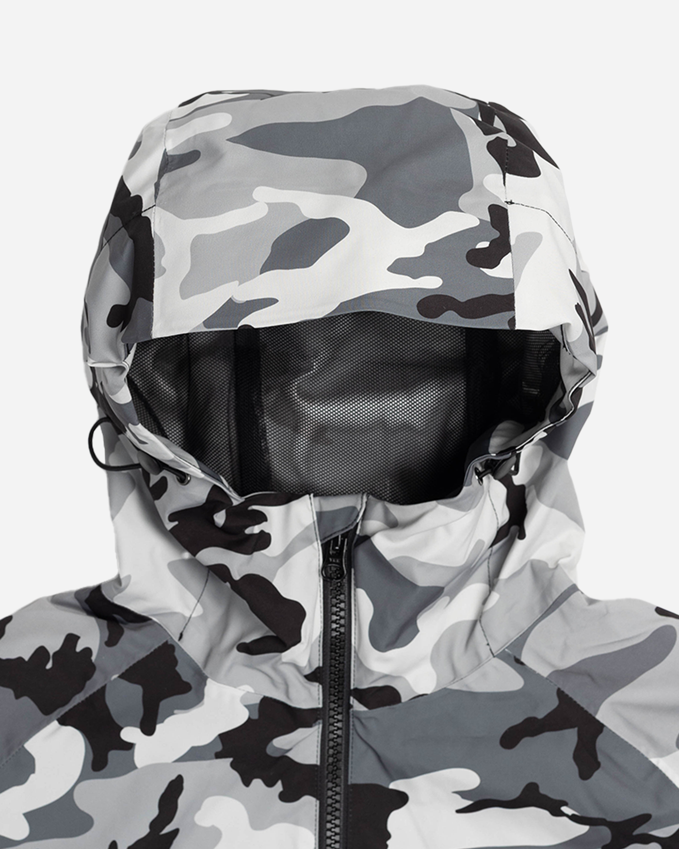 Winter camo snow jacket hood detail