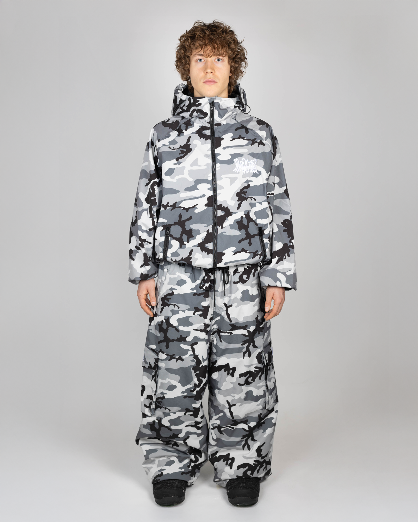 Winter camo snow jacket full front view on a man